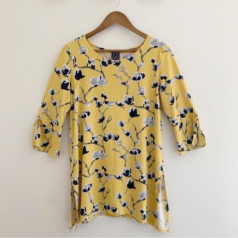 Clara Sunwoo Yellow Floral Asymmetrical Tunic Top XS Travel Friendly